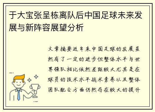 于大宝张呈栋离队后中国足球未来发展与新阵容展望分析
